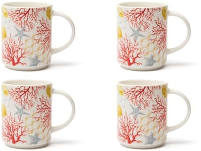 Excelsa Coral Set aus 4 Tassen aus New Bone China, maritimes Dekor mit Koralle und Seesternen