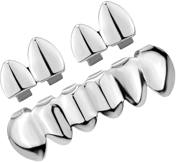 Uqezagpa Hip Hop Styles Zähne Grillzs Set Glänzend HipHop Grillzs Set für Musikliebhaber Verstellbare Zähne Kappen Obere, 38 mm, Metalllegierung, Beryll
