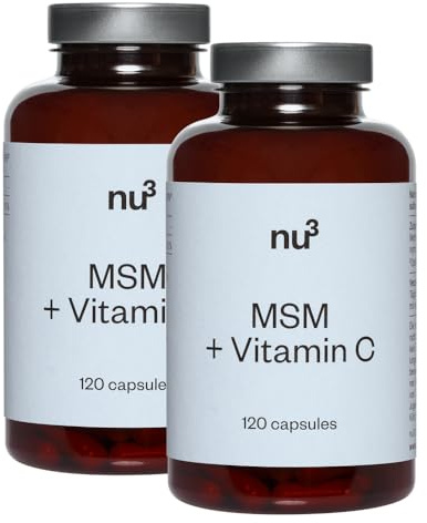 nu3 MSM + Vitamin C - reines Schwefel MSM-Präparat, für Knochen, Haut, Blutgefäße, vegan, rein, pflanzliche Kapseln, ohne Zusatzstoffe, MSM mit Vitamin C – 2x120 Kapseln