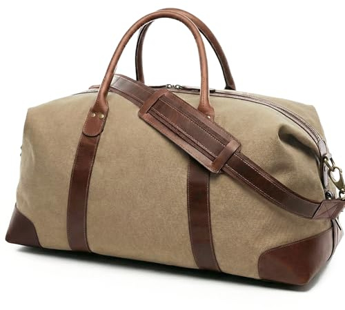 SID & VAIN Canvas Reisetasche mit edlem Leder - Sporttasche groß 54 cm Lennox - Weekender Handgepäck mit Schultergurt - Herren und Damen beige handgefertigt