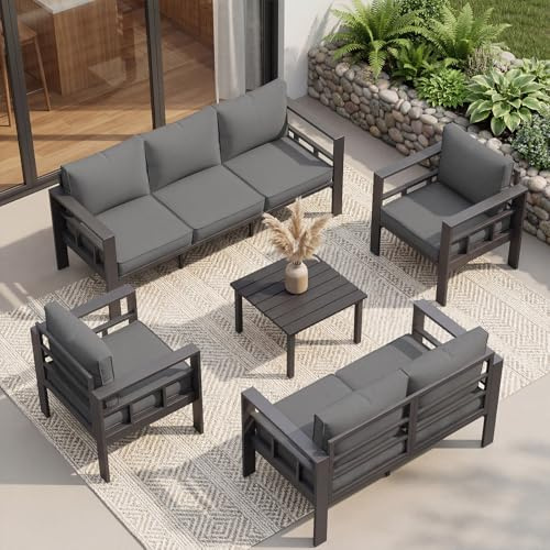 UDPATIO 5-Piece Aluminium Garden Furniture Set, Weatherproof 7 Seater Garden Sofa Set, Modern Outdoor Seating with 2 Sofas, 2 Armchairs & Coffee Table for Balcony, Garden & Terrace (Grey Cushions)