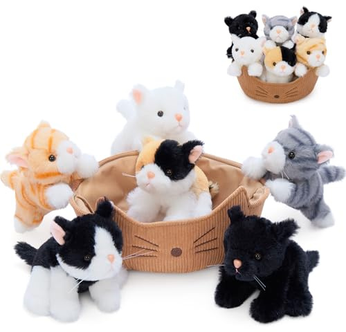 MorisMos 7 stücke Katze Kuscheltier Set, 25cm Katzenhaus mit 6 kleinen Plüsch Kätzchen, Realistische Kätzchen Stofftier Plüschtier als Geburtstag Weihnachten Geschenk für Kinder
