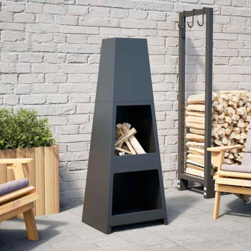 Runheo Gartenkamin Turm-Design aus schwarzem Stahl mit Holzablage, 46x36x121 cm, inklusive Aschewanne und Schürhaken für Terrasse, Garten, Outdoor-Wärme und gemütliche Atmosphäre