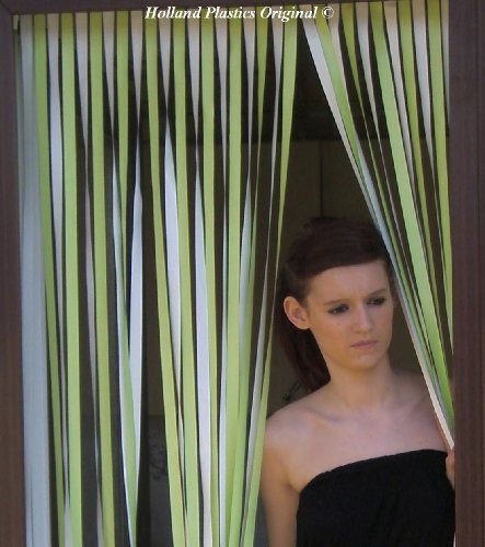 Heavy Duty Caravan/RV Door Curtain,Bug Blind,Fly Blind,Strip Blind-LIME GREEN & WHITE-62CM WIDE