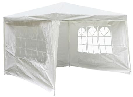 Charles Bentley 3m x 3m Gazebo/Tent Shelter With Side Walls, Marquee, For Garden Parties, BBQs, Waterproof, Metal Frame, 3 Side Walls, Wind Resistant, Easy Assembly, In White (300x300x250cm)