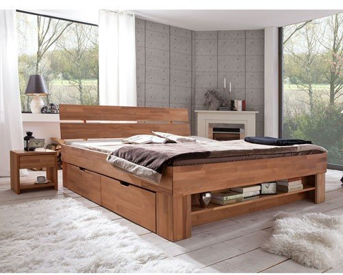 Elfo Futonbett Sofie Kernbuche Massiv geölt 140cm inkl. 4 Bettkästen Fußteilregal