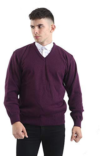 Brooklyn Clothing Mens V Neck Jumpers Soft Feel Acrylic Classic Fit Sweater Long Sleeve Casual Top (Purple, M)