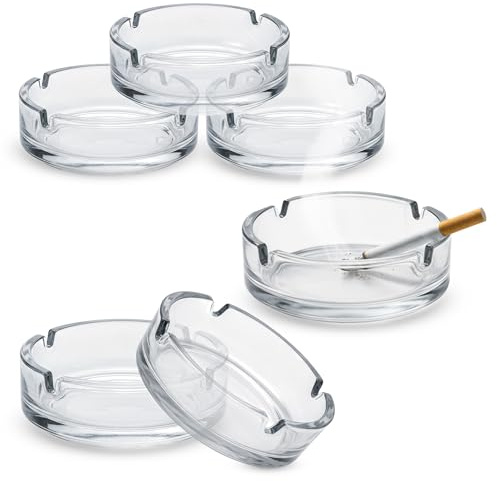 Glas Aschenbecher 10 cm rund, 6 Stück | Klarglas, 4 Zigarettenplatzhalter, spülmaschinenfest, stapelbar