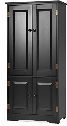 COSTWAY Wood Storage Cabinet, Adjustable Shelves Antique 4-Door Organizer Unit Chest, Large Kitchen Cupboard Tall Floor Sideboard Living Room Entryway Hallway Corner Bedroom, 59 x 32 x 123cm (Black)