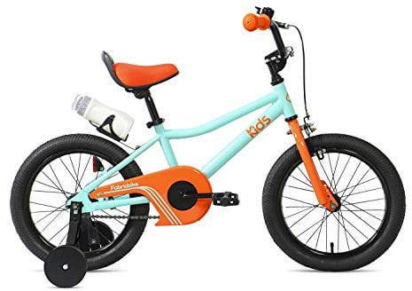 FabricBike Kids Fahrrad mit Pedalen für Jungen und Mädchen, Abnehmbare Trainingsräder, Hochwertige Bremsen, 12- und 16-Zoll-Räder, 4 Farben (Aqua & Orange, 16: 3-7 Jahre (96 bis 120 cm hoch))