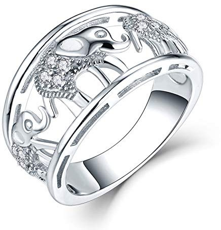 JO WISDOM Damen Ring Breit Silber 925,Ringe Elefanten Lucky Amulett Tierring mit 3A Zirkonia April Birthstone Verlobungsring,Schmuck für Frauen