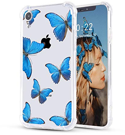 LuGeKe Blue Butterfly Clear Cover for iPhone XR, 6.1” Shockproof Bumper Case for Apple iPhone XR with Design, Cute Phone Cases, Blue Butterfly