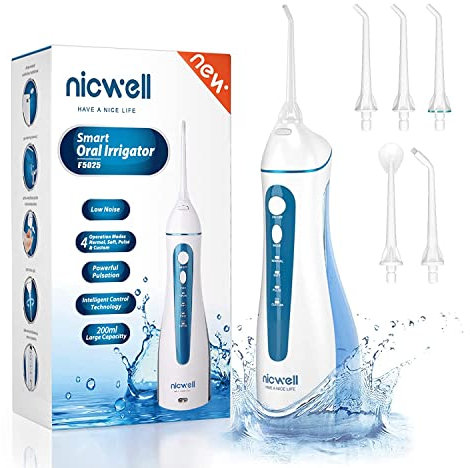Hydropulseur jet Dentaire Portable - Irrigateur Oral Professionnel, IPX7 Etanche, 5 Buses à Jet, 4 intensités différentes Modes, USB Chargé pour 21 Jours D'utilisation, Avec une Capacité de 200 ML
