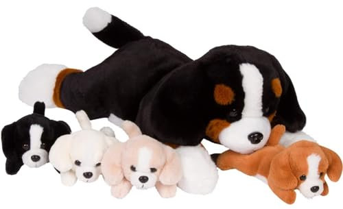 Wonder Products Hunde Kuscheltier; Mama Hund mit 4 Baby Welpen, 5 Regenbogenmähnen Einhorn Welpen; Spielzeugkissen für Mädchen im Alter von 3-8 Jahren