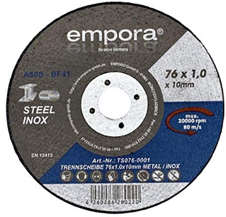 EMPORA Trennscheibe 76mm - Trennscheibe für Winkelschleifer - Flexscheibe - Schruppscheibe - INOX STAHL METALL Ø76 mm x 1,0 mm x 10 mm - max. 20000 RPM - 80 m/s - EN. 12413