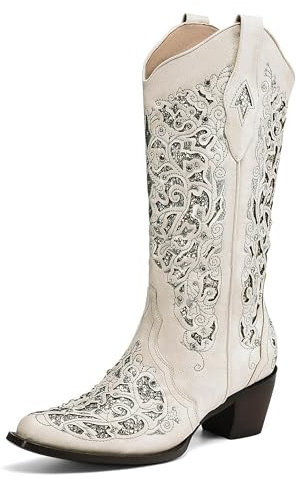 SO SIMPOK Cowboystiefel für Damen, bestickte Nähte, grober gestapelter Absatz, Cowgirl-Stiefel, Snip Toe, Schlupfstiefel, mittlere Wade, Westernstiefel, Weiss/opulenter Garten, 42.5 EU