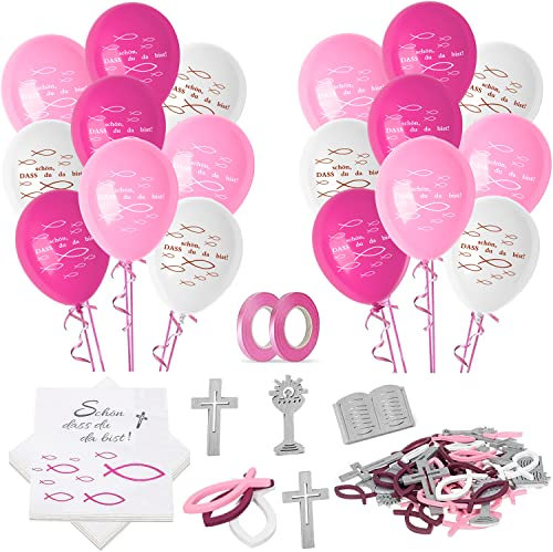 Kommunion Deko, Deko Konfirmation Mädchen Taufe Deko, 32 Stück Servietten Taufe Servietten Konfirmation 50 Fisch 24 Luftballons Rose, Tischdeko Konfirmation Erstkommunion Deko