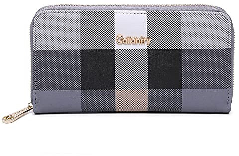 Portefeuille Long Tout-en-Un Femme Carreaux Multicolore - Wallet Compagnon Grand Format Zippé - Porte-Cartes Monnaies Multifonction - Chic Stylé - Gris Noir