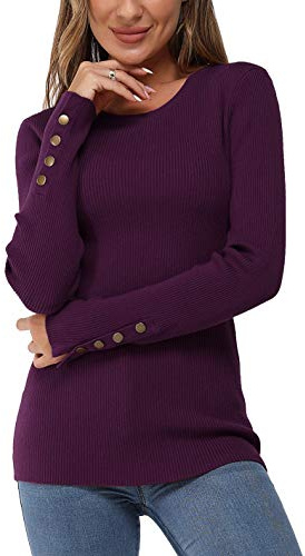 Newshows Long Sleeve Tops for Women UK Ladies Jumpers Button Solid Crew Neck Lightweight Knit Pullover Sweater Purple,XXL