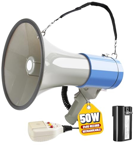 MyMealivos Haut-parleur mégaphone 50 W avec sirène, enregistrement 120 S, microphone amovible et sangle