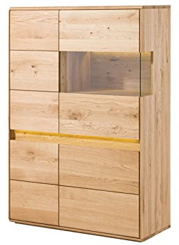 MASSIVMOEBEL24.DE | Cardiff Highboard aus Massivholz inkl. LED-Beleuchtung #120 | Wildeichenholz - Natur, geölt | mit Glasfenster | 103 x 43,5 x 152 cm | Wohnzimmerschrank