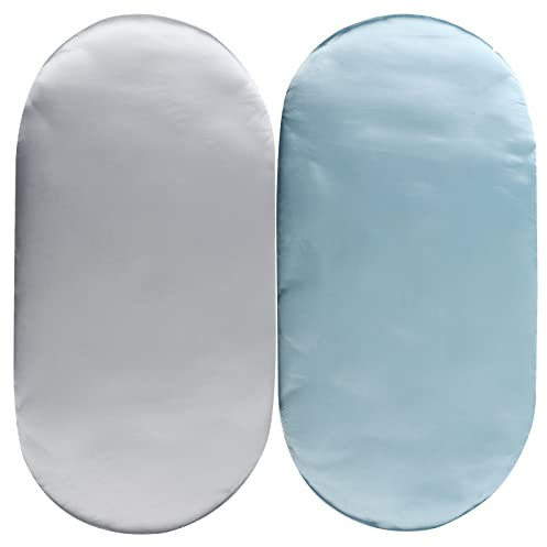 Satin Bassinet Sheet Set 2 Pack Ultra Soft Silk Fit for Rectangle, Hourglass, Oval Bassinet Mattress Protect for Baby Hair and Skin Cradle or Bassinet Sheets, Lt Grey & Lt Blue