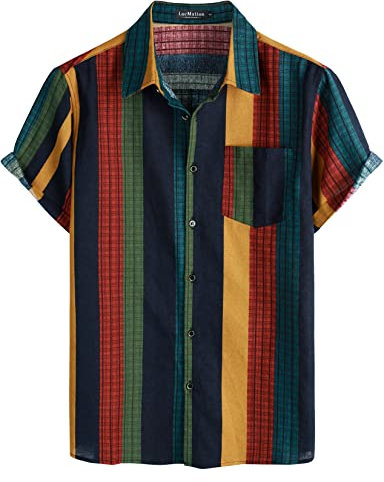 LucMatton Herren Leinen Traditionelles Muster Druck Kurzarm Button Down Hawaiihemden, Mehrfarbig gestreift, XL