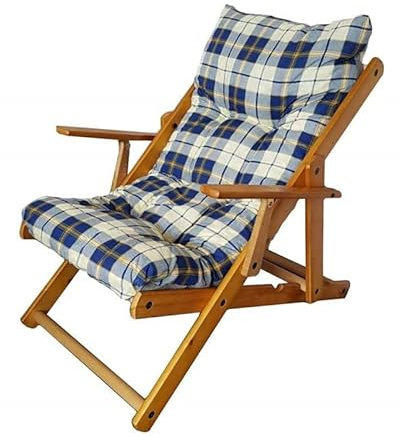 MAURY'S Poltrona Sdraio Relax Comodona in Legno 3 posizioni con Cuscino Imbottito Adatta a Ogni Ambiente (Scozzese Blu)