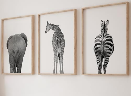 Eviepops Prints Elephant Giraffe Zebra Bum Bathroom Unframed Wall Art Set of 3 Safari Animal Prints in Grey, Funny Home Decor, Home Wall Art, New Home Gift, Monochrome Prints (A4)