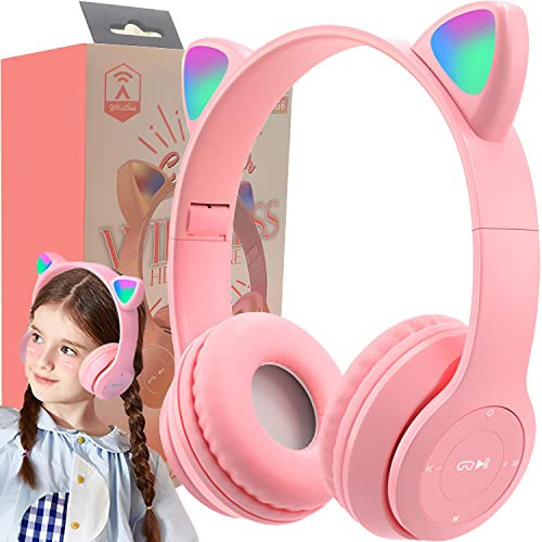Retoo Kopfhörer Katzenohren, Bluetooth für Kinder, Kabellos Kinderkopfhörer, Over Ear für Schule/Tisch/PC, Mädchen Over-Ear, Anime, Rosa