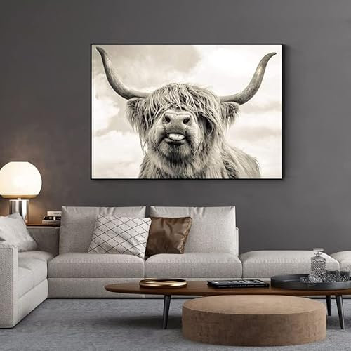 Hochlandrinder Bilder,highland cow Leinwand Malerei, Hochlandrinder GrünlandWanddeko Tiere Bilder Deko Wohnzimmer Schlafzimmer, kein Rahmen. (80x120cm,A)