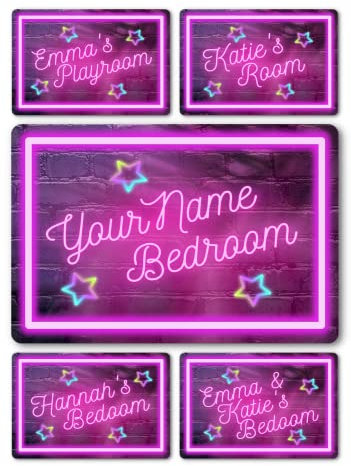 Bedroom Decor Name Signs - Custom Personalised Neon Style Metal Plaque for Children, Kids, Boys & Girls Home Decor, Nursery, Playroom Door