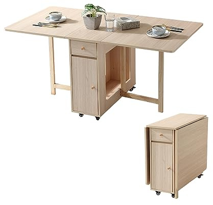 Mesa de Comedor Plegable Extensible con 2 cajones y 4 Ruedas para Sala de Estar, Cocina, Granja, Ahorro de Espacio, Color Madera