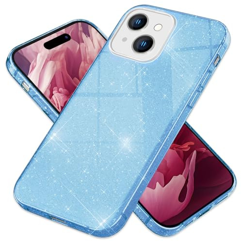 NALIA Glitzerhülle für iPhone 15 Plus - Hülle, Blau | Partikel fest im Material eingeschlossen, 3-Schicht-Schutzaufbau mit Hardcase-Kern, Erhöhter Kamerarand, SHINEPOP