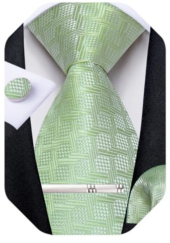 DiBanGu Mens Tie Set Silk Plaid Striped Necktie Woven Pocket Square and Cufflinks Tie Clip Set Formal Wedding, Sage Green Plaid, One Size