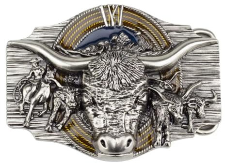 POSKLA Cowboy Western Gürtelschnallen Longhorn Bullschnallen, Longhorn Rodeo Bull/Silber, Mitte