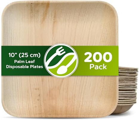 ECO Leaf 200 Disposable Palm Leaf Plates 10 (25cm) Large Square, Eco-Friendly, Biodegradable, Compostable, Durable, Oven Safe Bamboo Plates for Hot Food, Weddings, Picnics, and Parties