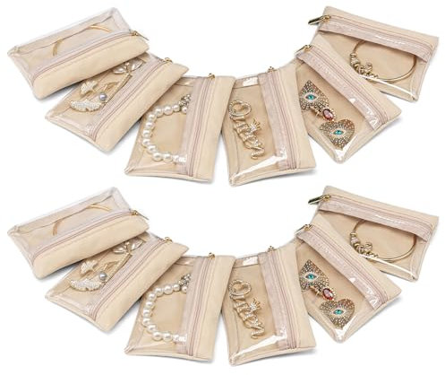 Vlando 2025 Reise Schmucktasche, Schmuckbeutel Klein, Transparente Samtbeutel-Reißverschlusstaschen, Organzasäckchen, Schmuck-Etui für Frauen, Mädchen, Geschenk, 12 Stück