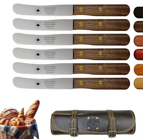 PIKAS SINCE 1727 Solingen – Lot de 6 couteaux à lame dentelée avec étui en cuir premium, manches élégants en bois de noyer, couteaux à bosse haut de gamme pour petit-déjeuner, petits pains et plus.