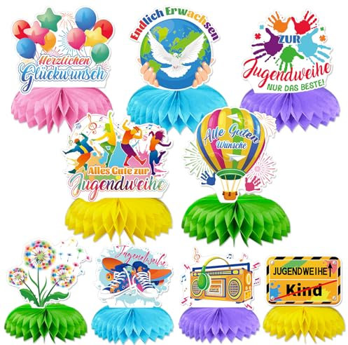 DPKOW 9 STK Jugendweihe Deko, Bunte Alles Gute zur Jugendweihe Bienenwabe Mittelstück Jugendweihe Tischdeko Endlich Erwachsen Party Tischaufsätze Jugendweihe Waben Ornamente Papier Für Jungen Mädchen