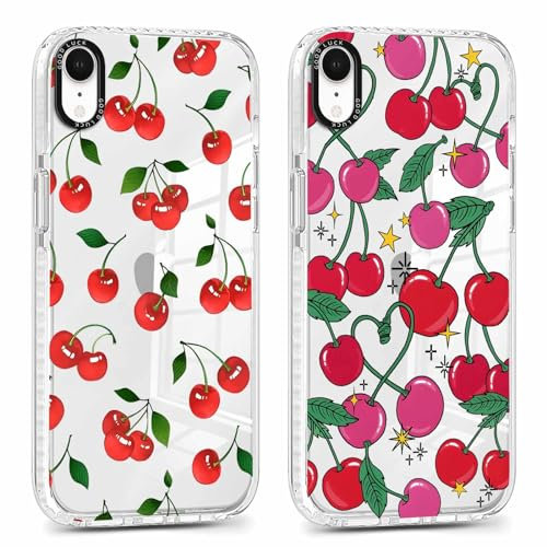 Foonary 2 Pack Transparent Phone Case Compatible with iPhone XR 6.1, Slim Fit Soft Silicone with Cherry Design Aesthetics Pattern, Shockproof Bumper Protector Matte Cover for iPhone XR