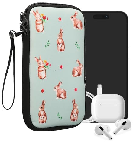 kwmobile Handytasche für Smartphones XXL - 7 - Neopren Handy Tasche Hülle Cover Case Schutzhülle - Hasen und Blumen Weiß Braun Graugrün - 17,7 x 8,5 cm Innenmaße