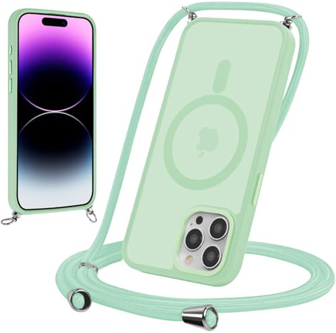 Yoedge Magnetische Handyband für iPhone 11 Pro Max 6,5 Hülle mit Band, Handyhülle Kompatibel mit MagSafe,Matt Transluzente PC + TPU Stoßfest Schutzhülle mit Abnehmbar Kordel zum Umhängen Case,Grün 2