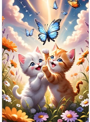 DPHERO DIY Kätzchen Diamant Painting Bilder für Erwachsene Anfänger,5D Blumen Diamond Painting Set,DIY Runde Steine Katze Diamant Kunst Kits, Schmetterling Diamant Painting für Zuhause Dekor 30x40 cm