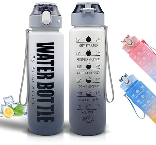 AQUA HOMIE Water Bottle with Straw, Water Bottle 1L, Gym Water Bottle with Time Marker and Carry Strap, BPA- Free Leakproof Water Bottle, Lightweight Drinks Bottle for Adults, Sports Water Bottle.