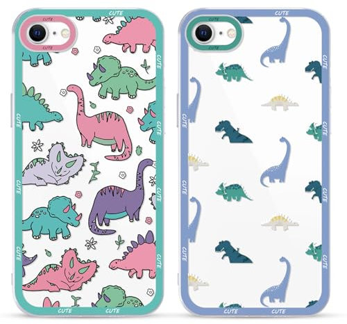 Foonary 2 Pack Clear Set Suitable for iPhone 8/SE 2022/7/SE 2020 Transparent 4.7,Phone Case With Cute Dinosaur Fun Aesthetic Pattern Cover,Soft Silicone Shockproof Protective Girls Box, for iPhone 7