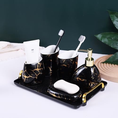 XYQXYQ Set di accessori da bagno neri, decorazione da bagno effetto marmo oro, set moderno di 6 accessori da bagno, completo di dispenser di sapone, portaspazzolino, bicchiere, vassoio di lavoro