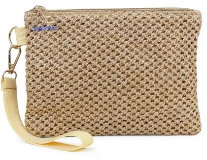 AdiStylinno Bolso de embrague de paja para mujer, bolso de paja bohemia, bolso de mano pequeño bolso de mano tejido con cremallera bolsa de playa de paja de verano para mujeres, crema
