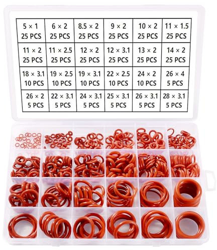 YIXISI 385 Piezas 24 Tamaños Juego de Surtido de Juntas Tóricas Rojo, Juntas de Estanqueidad de Silicona, para Sellado De Arandela De Fontanería y Reparación Rápida Automática