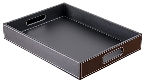 Präsentationstablett, Rechteckiges Desktop-Aufbewahrungstablett aus PU-Leder, Teeservice-Tablett, einfaches und modisches schwarzes Tablett mit Griff,Ablagetablett(Mittel)
